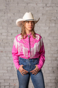 Women's Vintage Pink Fringe Embroidery Western Shirt by Rockmount Ranch Wear with fringe and floral snaps