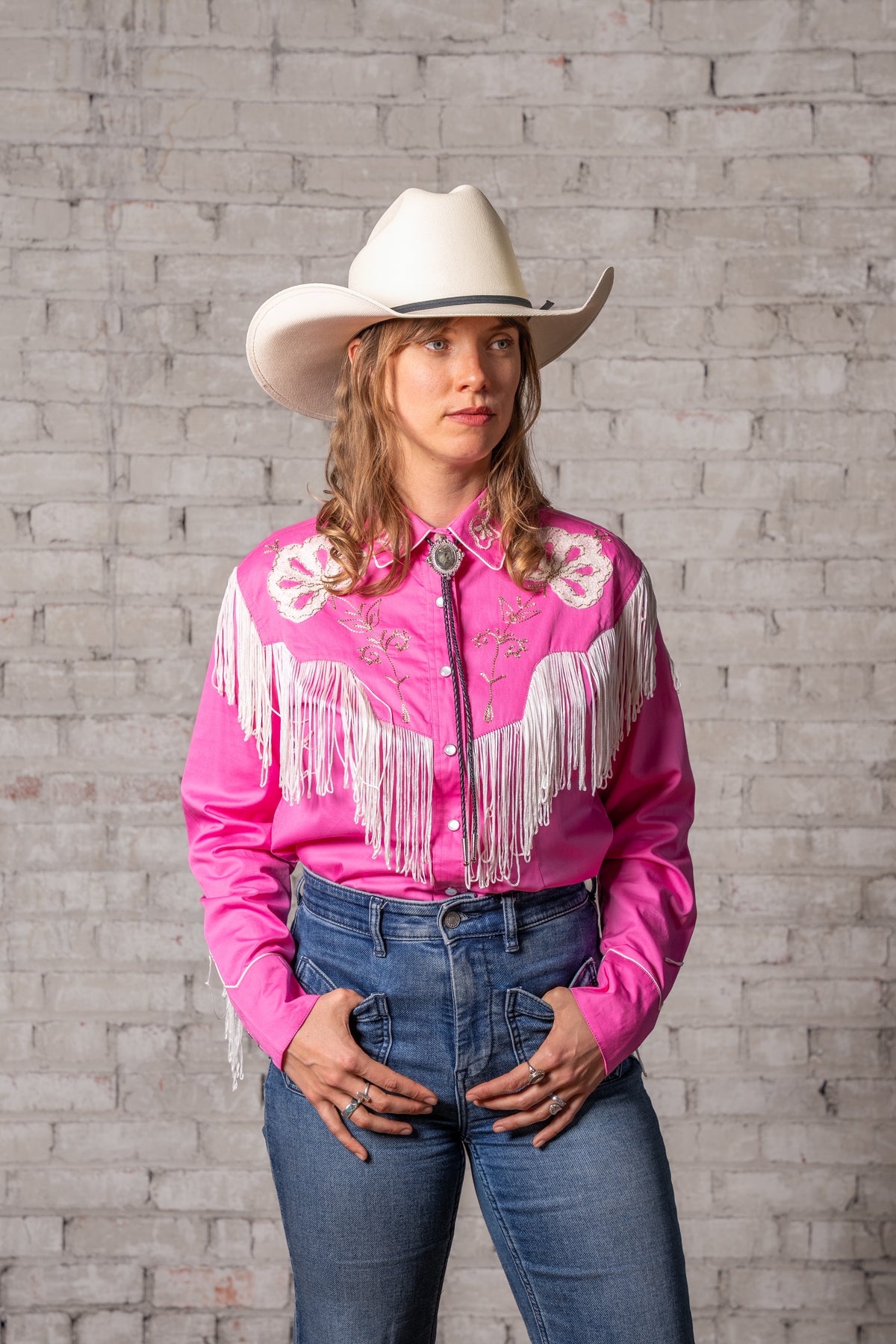 Women's Vintage Pink Fringe Embroidery Western Shirt by Rockmount Ranch Wear with fringe and floral snaps