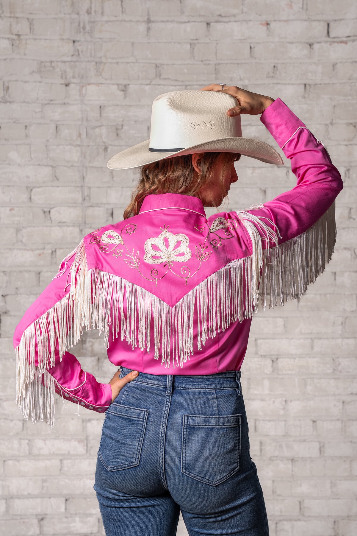 Women's Vintage Pink Fringe Embroidery Western Shirt by Rockmount Ranch Wear with floral fringe and hand chenille