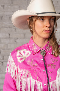 Women's Vintage Pink Fringe Embroidery Western Shirt by Rockmount Ranch Wear, vintage fringe embroidered floral cowboy shirt