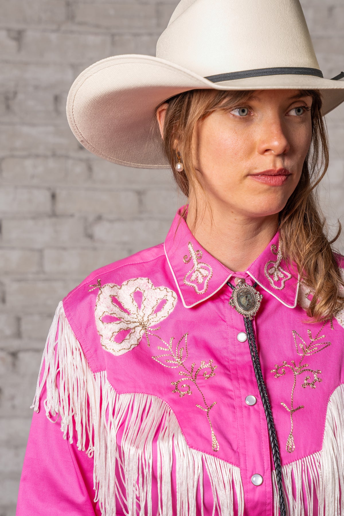 Women's Vintage Pink Fringe Embroidery Western Shirt by Rockmount Ranch Wear, vintage fringe embroidered floral cowboy shirt