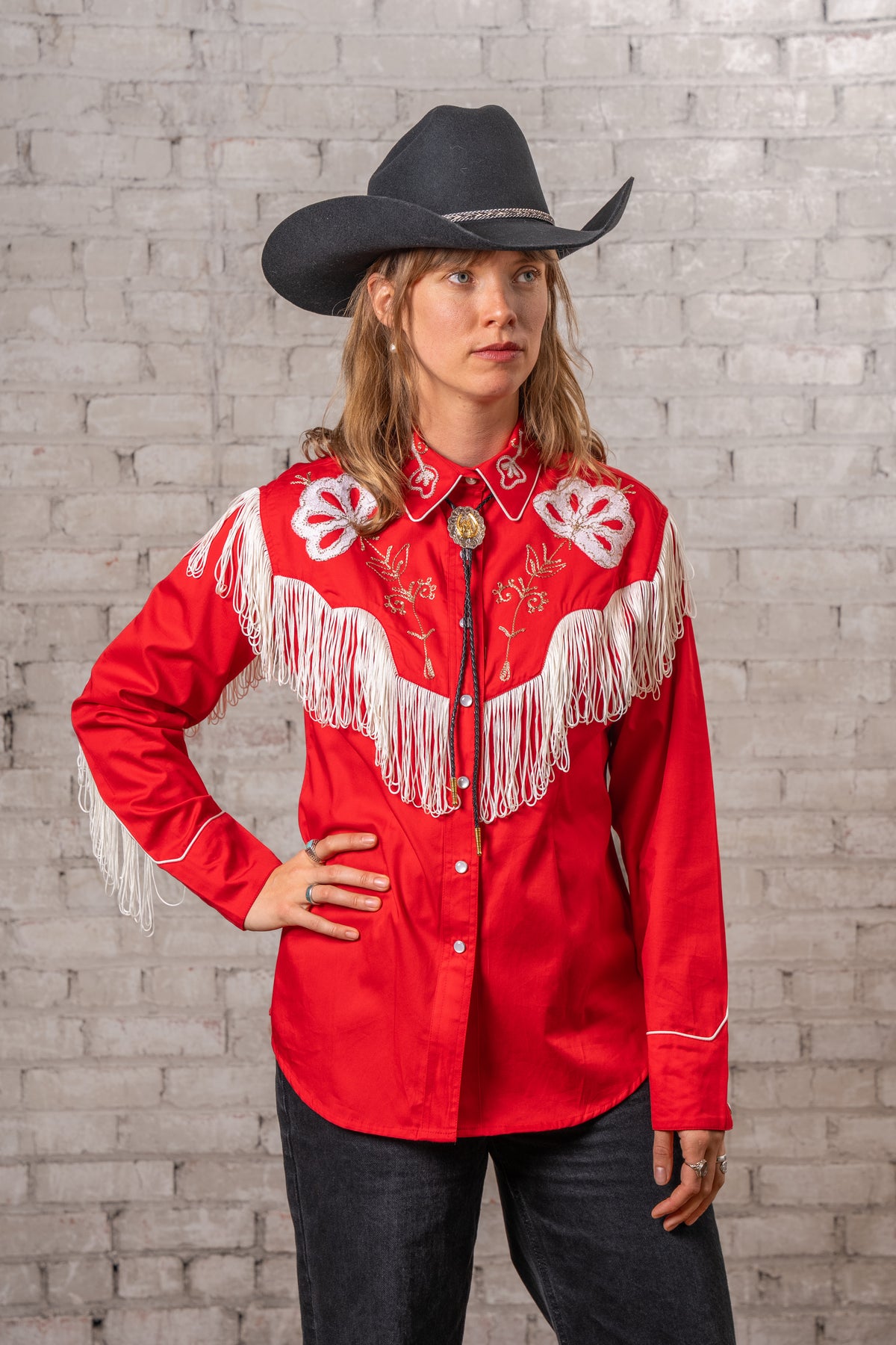 Women's Vintage Fringe Red Embroidery Western Shirt by Rockmount Ranch Wear, vintage fringe and genuine hand chenille embroidery