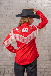 Women's Vintage Fringe Red Embroidery Western Shirt by Rockmount Ranch Wear with fringe and floral embroidery