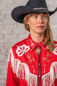 Women's Vintage Fringe Red Embroidery Western Shirt by Rockmount Ranch Wear with fringe and floral embroidery