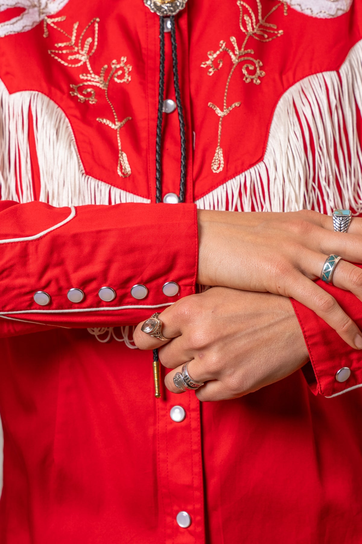 Women's Vintage Fringe Red Embroidery Western Shirt by Rockmount Ranch Wear with fringe and genuine hand chenille embroidery