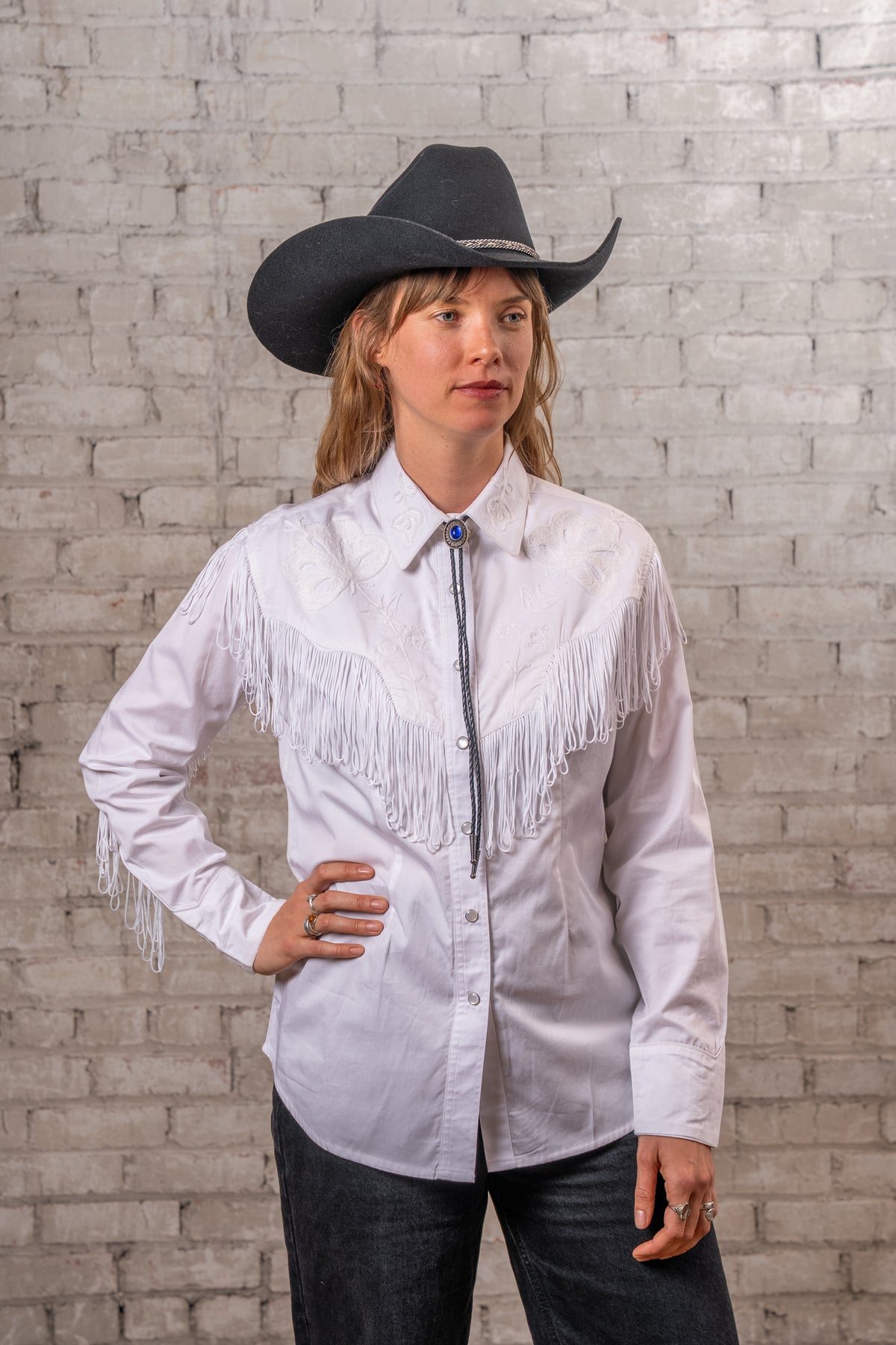 Women's Vintage White Fringe Embroidered Western Shirt by Rockmount Ranch Wear with genuine hand chenille embroidery