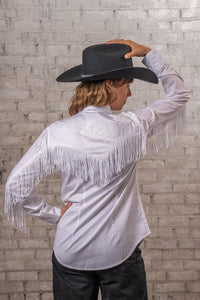 Women's Vintage White Fringe Embroidered Western Shirt by Rockmount Ranch Wear with fringe and genuine hand chenille embroidery