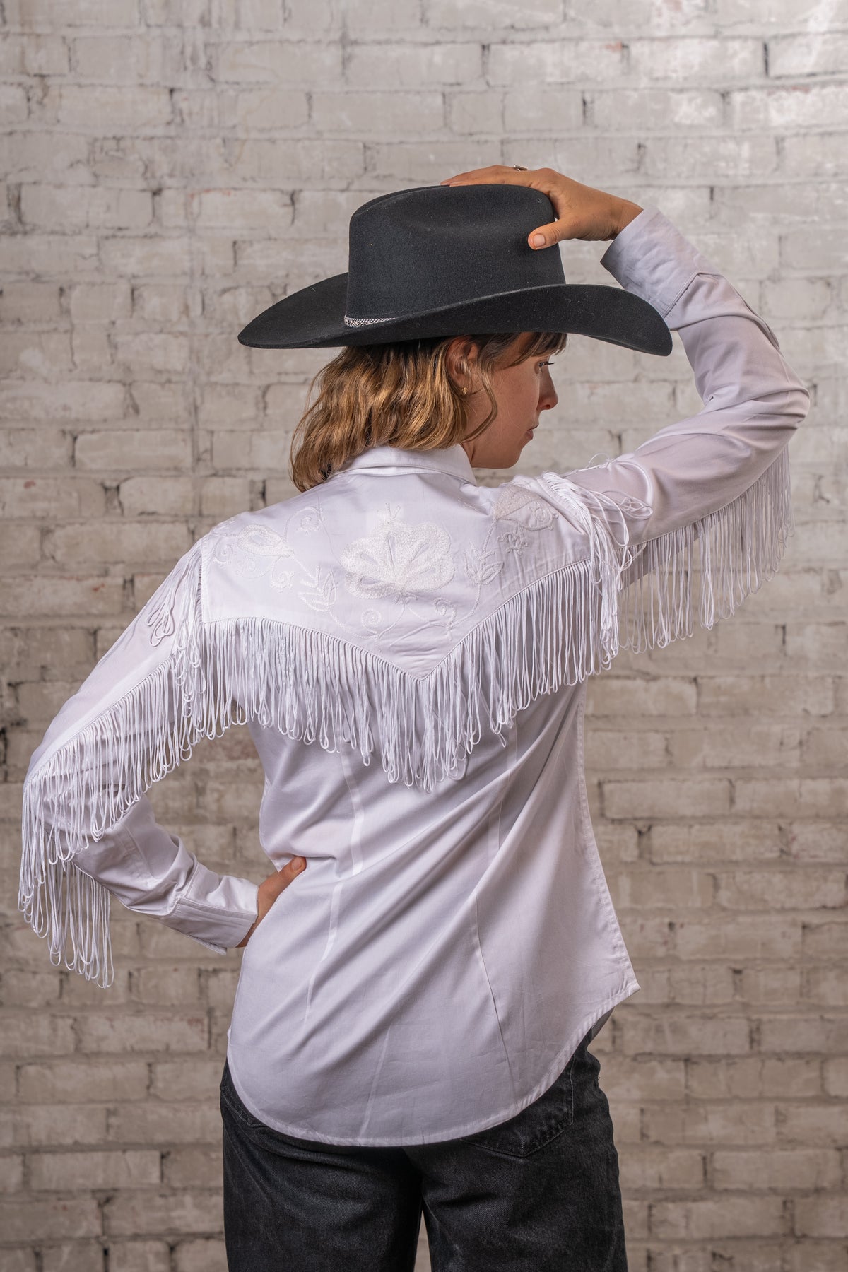 Women's Vintage White Fringe Embroidered Western Shirt by Rockmount Ranch Wear with fringe and genuine hand chenille embroidery