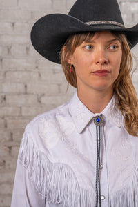 Women's Vintage White Fringe Embroidered Western Shirt by Rockmount Ranch Wear with genuine hand chenille embroidery