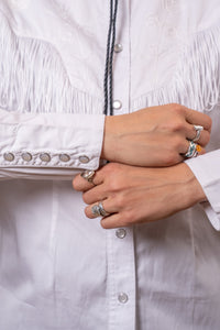 Women's Vintage White Fringe Embroidered Western Shirt by Rockmount Ranch Wear with genuine hand chenille embroidery