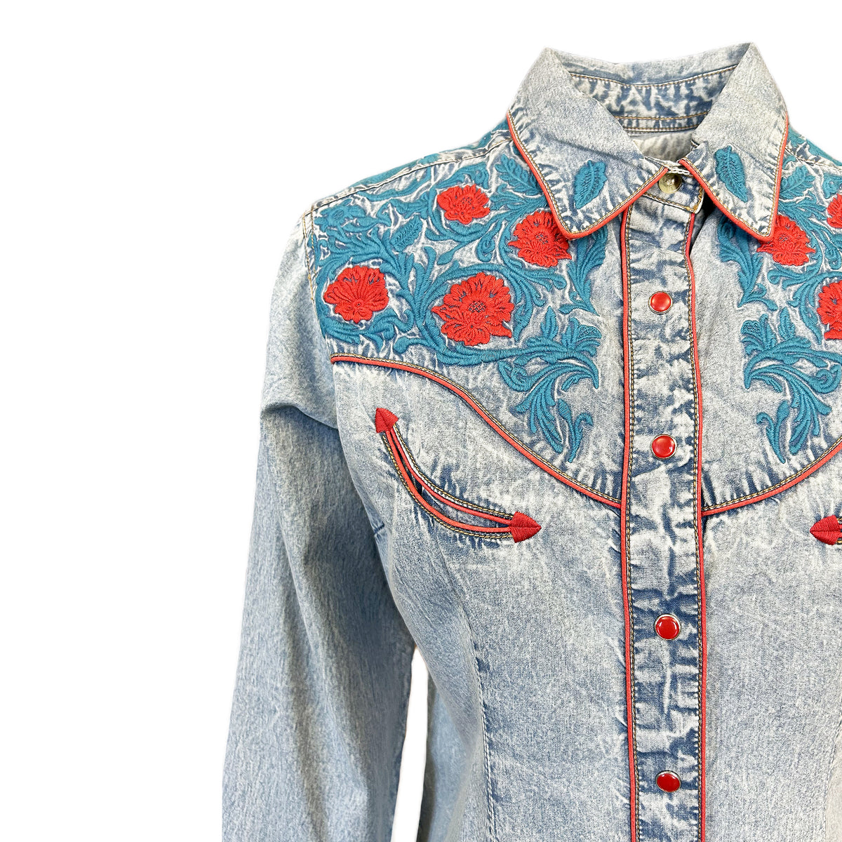 Women's Vintage Denim Floral Embroidered Western Shirt - Rockmount