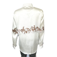 Women's Ivory Border Print Western Shirt by Rockmount Ranch Wear with print cowboy scene on white fabric