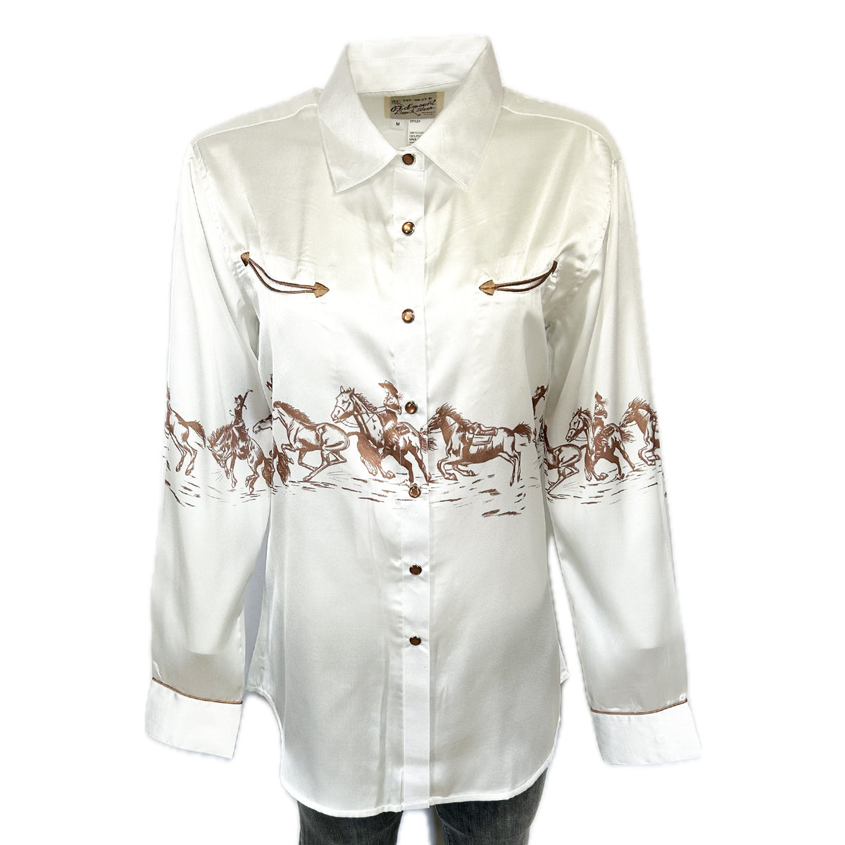 Women's Ivory Border Print Western Shirt by Rockmount Ranch Wear, vintage cowboy shirt with print and snaps