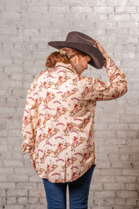 Women's Howdy Print Western Shirt by Rockmount Ranch Wear in vintage cowboy print with sawtooth smile pockets