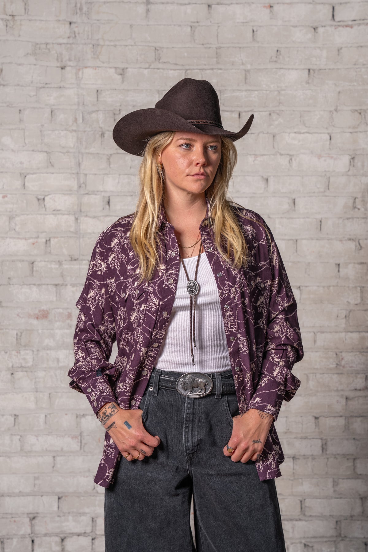 Women's Burgundy Western Print Shirt by Rockmount Ranch Wear with sawtooth pockets and snaps