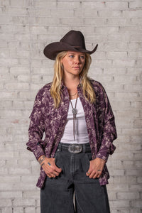Women's Burgundy Western Print Shirt by Rockmount Ranch Wear with sawtooth pockets and snaps