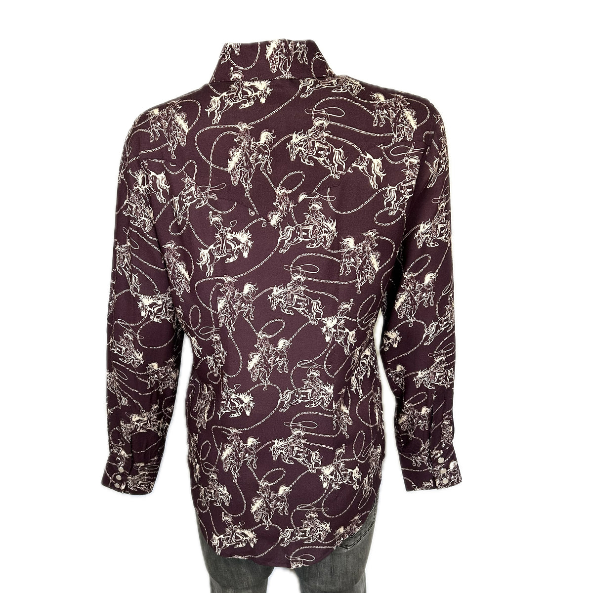 Men's Burgundy Print Western Shirt by Rockmount Ranch Wear with vintage western print and sawtooth pocket snaps