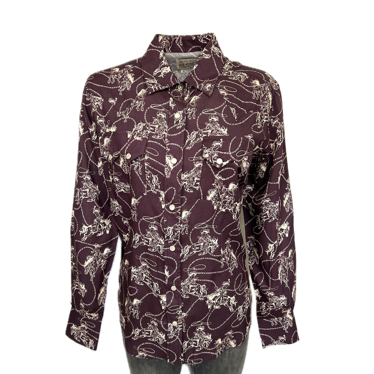 Men's Burgundy Print Western Shirt by Rockmount Ranch Wear, vintage western shirt with snap pockets and cowboy print