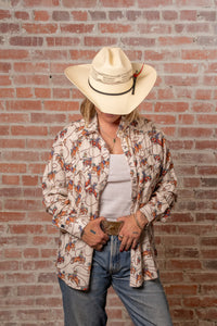 Women's Natural Western Print Shirt by Rockmount Ranch Wear, vintage western shirt with embroidered western print