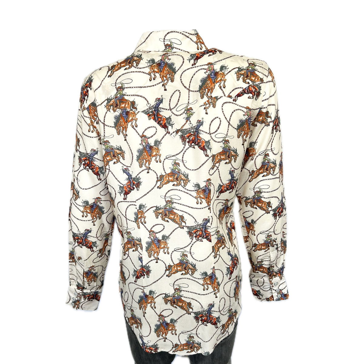 Men's Natural Print Western Shirt by Rockmount Ranch Wear in vintage cowboy print with sawtooth pocket snaps