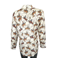 Men's Natural Print Western Shirt by Rockmount Ranch Wear in vintage cowboy print with sawtooth pocket snaps
