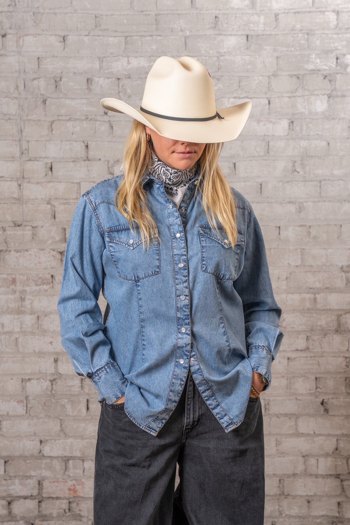 Women's Stonewashed Denim Classic Western Shirt by Rockmount Ranch Wear with western wear pearl snaps