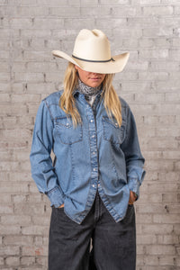 Women's Stonewashed Denim Classic Western Shirt by Rockmount Ranch Wear with western wear pearl snaps