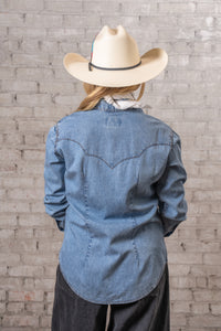 Women's Stonewashed Denim Classic Western Shirt by Rockmount Ranch Wear, vintage denim with single point pockets