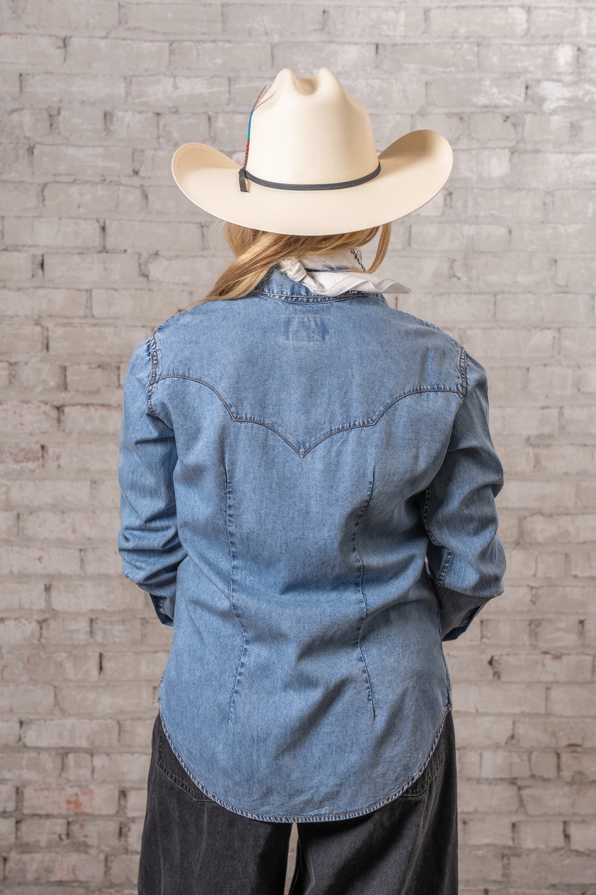Women's Stonewashed Denim Classic Western Shirt by Rockmount Ranch Wear, vintage denim with single point pockets