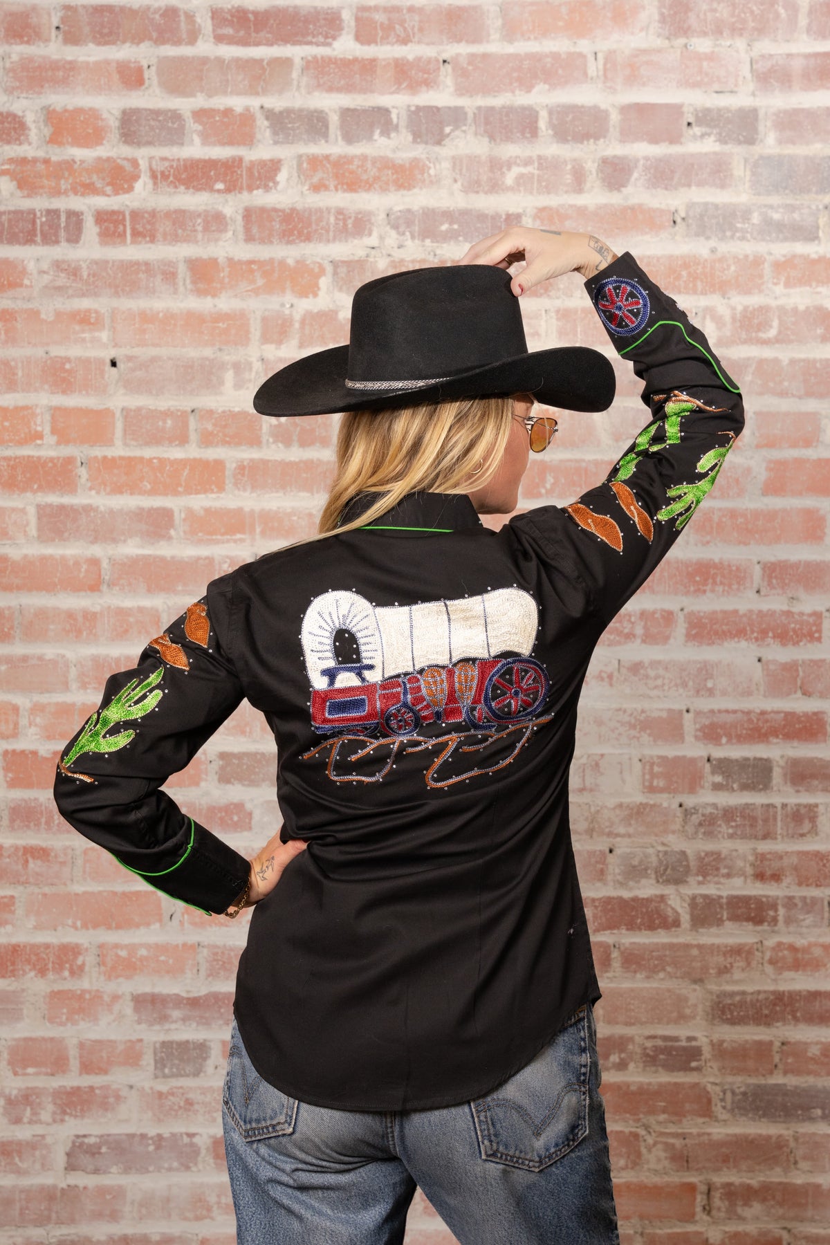 Women's Black Porter Wagoner Embroidered Western Shirt by Rockmount Ranch Wear with hand chenille embroidery