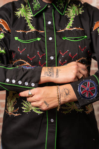 Women's Black Porter Wagoner Embroidered Western Shirt by Rockmount Ranch Wear with cactus fringe embroidery