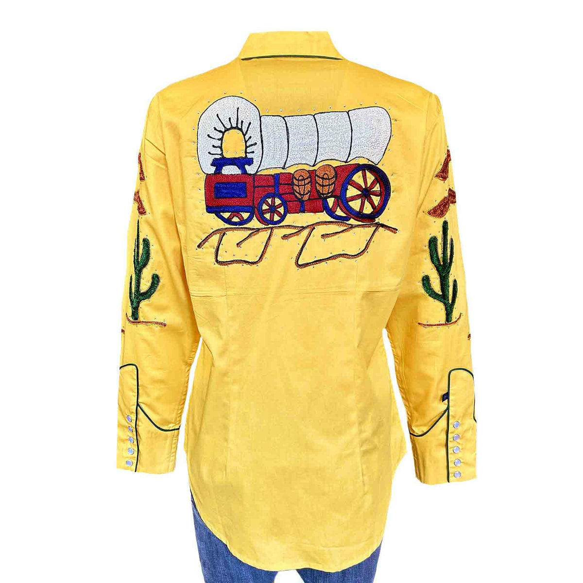 Women's Porter Wagoner Gold Embroidered Western Shirt by Rockmount Ranch Wear in vintage yellow with cactus print