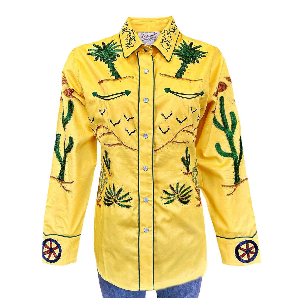 Women's Porter Wagoner Gold Embroidered Western Shirt by Rockmount Ranch Wear, vintage fringe floral cactus