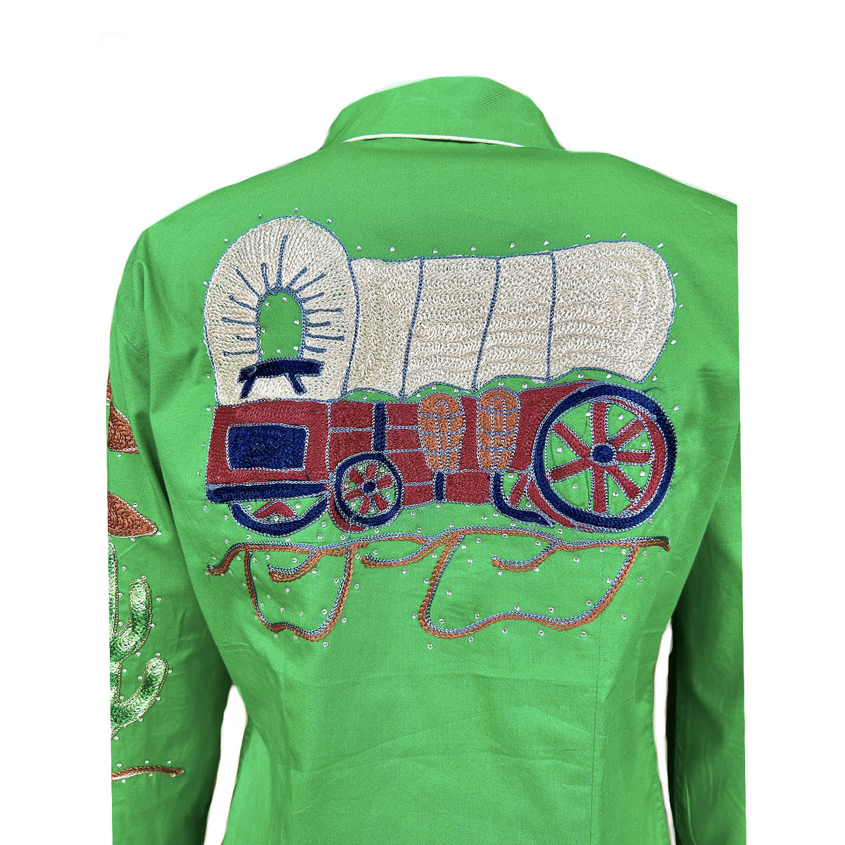 Women's Green Porter Wagoner Embroidered Western Shirt by Rockmount Ranch Wear with cactus fringe