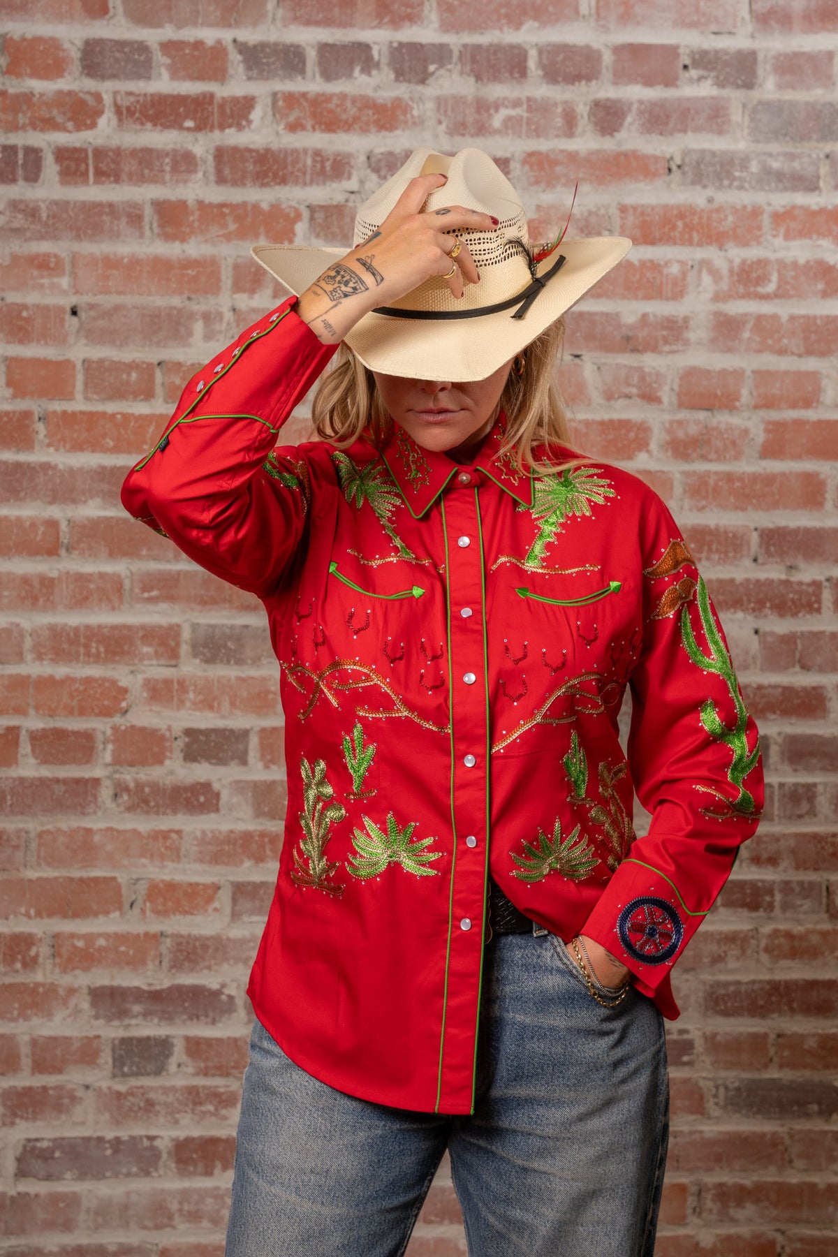 Women's Red Porter Wagoner Embroidered Western Shirt by Rockmount Ranch Wear with embroidered cactus floral detail