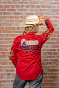 Women's Red Porter Wagoner Embroidered Western Shirt by Rockmount Ranch Wear with hand chenille embroidery