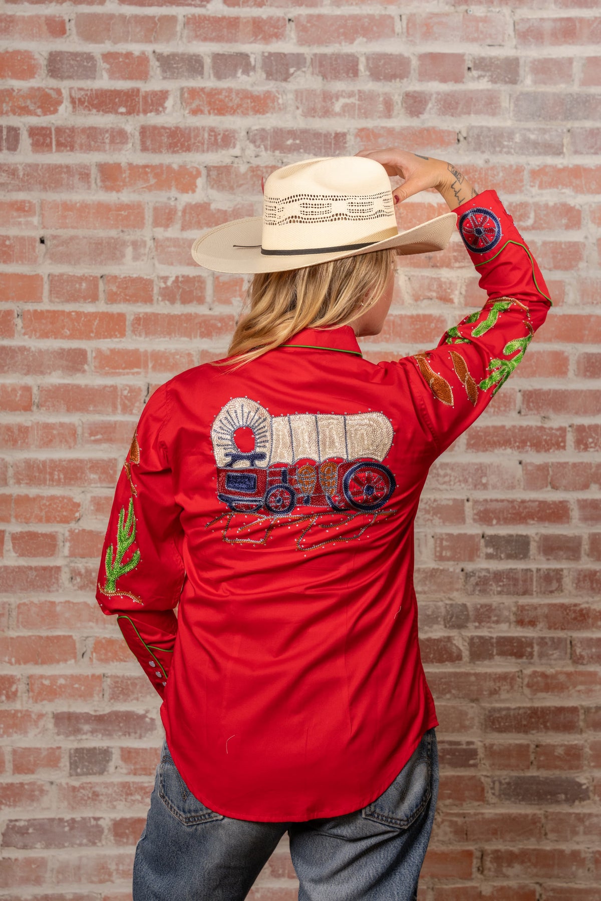 Women's Red Porter Wagoner Embroidered Western Shirt by Rockmount Ranch Wear with hand chenille embroidery