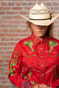 Women27s Red Porter Wagoner Embroidered Western Shirt by Rockmount Ranch Wear, cactus floral embroidery