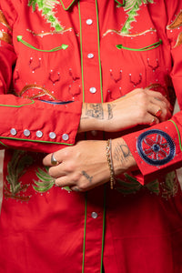 Women's Red Porter Wagoner Embroidered Western Shirt by Rockmount Ranch Wear in vintage red with floral fringe