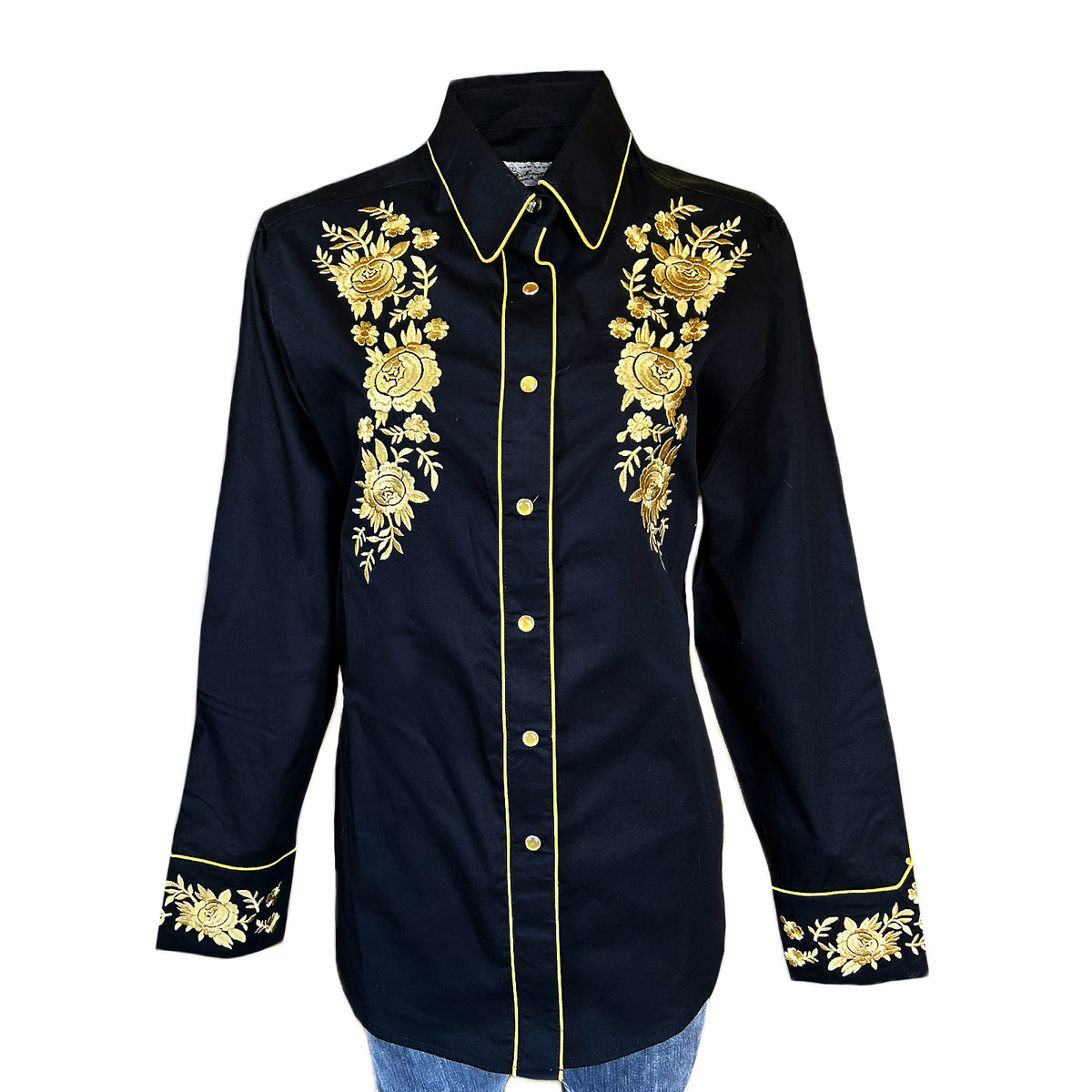 Women's Vintage Black Cascading Floral Embroidered Western Shirt by Rockmount Ranch Wear, embroidered western shirt