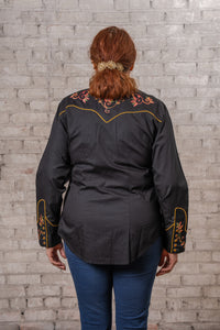 Women's Vintage Black Variegated Floral Embroidered Western Shirt by Rockmount Ranch Wear, embroidered western shirt