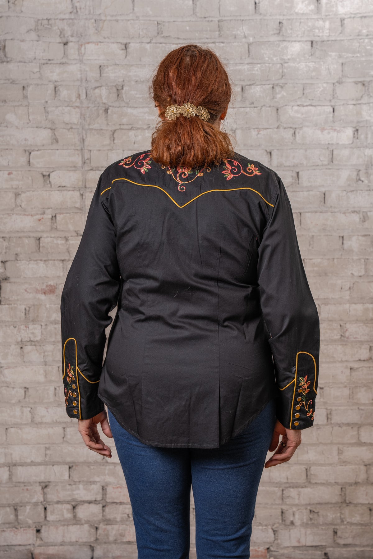 Women's Vintage Black Variegated Floral Embroidered Western Shirt by Rockmount Ranch Wear, embroidered western shirt