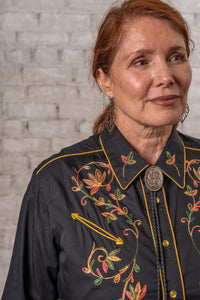 Women's Vintage Black Variegated Floral Embroidered Western Shirt by Rockmount Ranch Wear with vintage floral embroidery