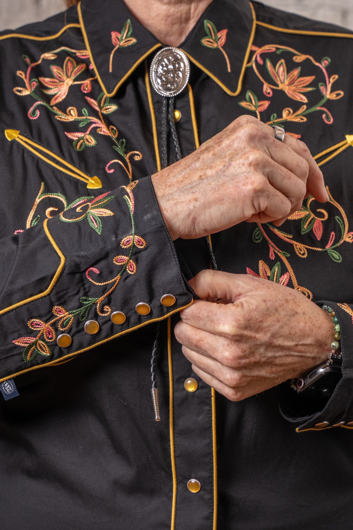 Women's Vintage Black Variegated Floral Embroidered Western Shirt by Rockmount Ranch Wear with pearl snap