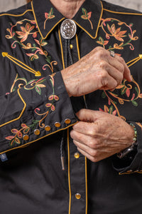Women's Vintage Black Variegated Floral Embroidered Western Shirt by Rockmount Ranch Wear with pearl snap