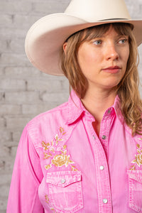 Women27s Soft Pink Floral Embroidered Western Shirt by Rockmount Ranch Wear, vintage embroidered floral snap button
