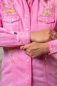 Women's Soft Pink Floral Embroidered Western Shirt by Rockmount Ranch Wear with snap button shirt details