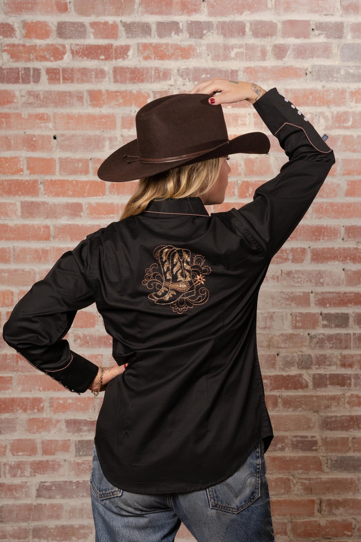 Women's Black Boot Embroidered Western Shirt by Rockmount Ranch Wear with embroidered western shirt back design