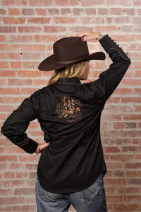 Women's Black Boot Embroidered Western Shirt by Rockmount Ranch Wear with embroidered western shirt back design