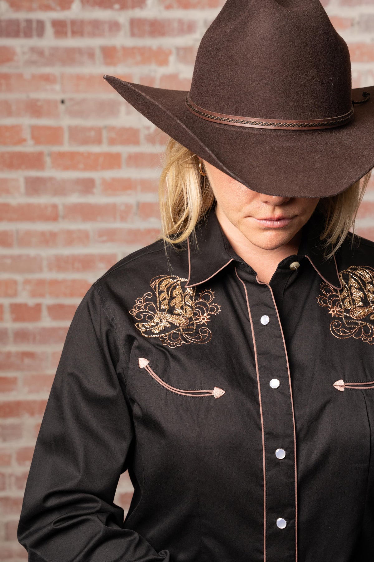 Women's Black Boot Embroidered Western Shirt by Rockmount Ranch Wear with vintage floral embroidery and fringe